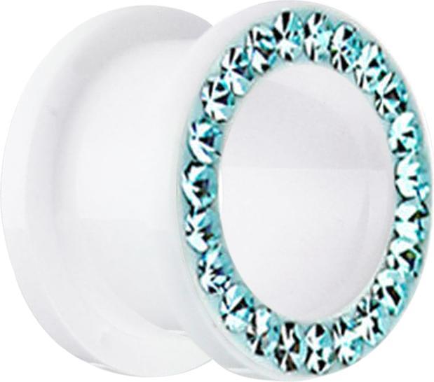 Star Piercing Flesh Tunnel weiss mit Kristall aqua und Epoxy Schutzschicht (ohne Messing, Acryl)