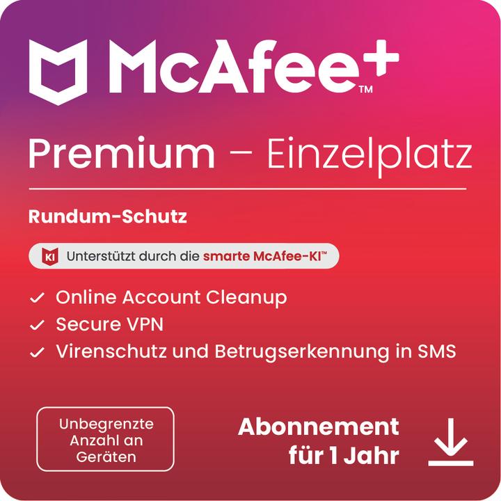 McAfee + Premium Einzelplatz (Unbegrenzte Anzahl von Geräten) (1 User, 1 Geräte/User, 12 Monate)