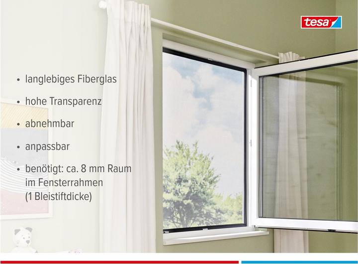 Produktbild tesa CLIP-ON Insektenschutz mit Anklipsrahmen für Fenster, zuschneidbarer Rahmen, ohne Bohren (100 x 120 cm)