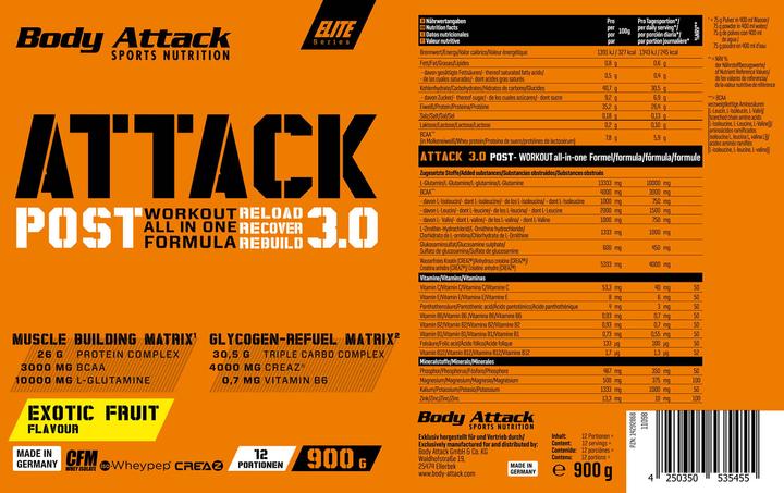 Valori nutrizionali e ingredienti Body Attack Post Attack 3.0 (lattina da 900g) (Frutta Esotica, 1 pz., 900 g)