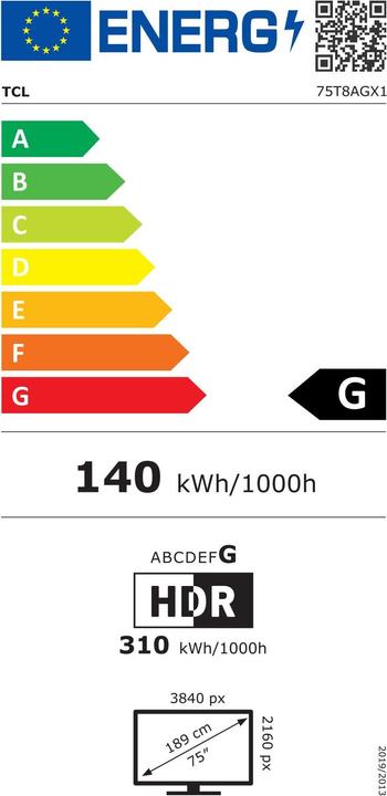 Energy Label TCL TV 75T8A 75, 3840 x 2160 (Ultra HD 4K), QLED (75", QLED, 2023)