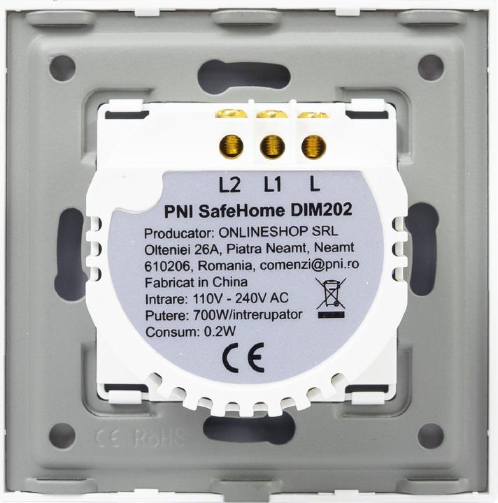 Actual product image PNI Double switch with touch and dimmer SafeHome DIM202, 2X700W, Live Wire, without zero, glass