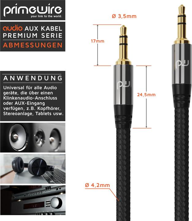 Actual product image Primewire 3.5 mm AUX jack cable, audio cable with nylon sheath, 3.5 mm jack to jack audio cable (1 m, 3.5mm jack (AUX))