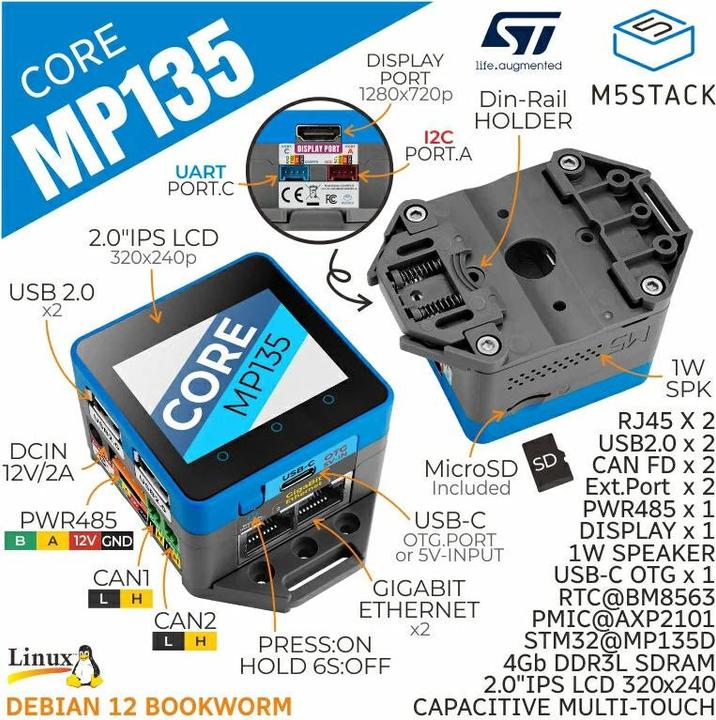 Immagine prodotto M5Stack CoreMP135 STM32MP135D Core Development Kit Debian 12