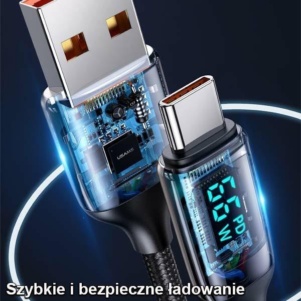 Actual product image Usams Cable pleciony U78 USB-C 1.2m LED 6A Fast Charging czarny/black SJ544USB01 (US-SJ544) (1.20 m)