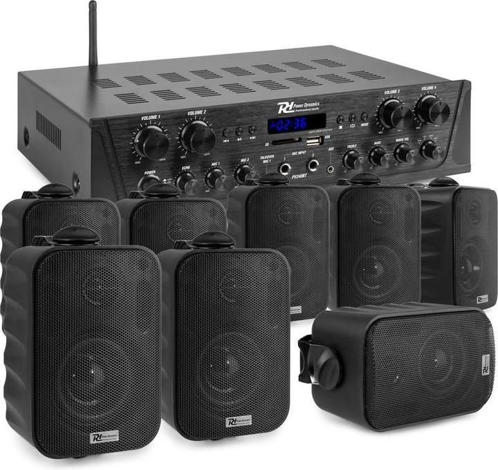 Power Dynamics met Bluetooth - PV240BT 4-zone versterker audio + 8 BGO30 zwarte 3 speakers (Actif)