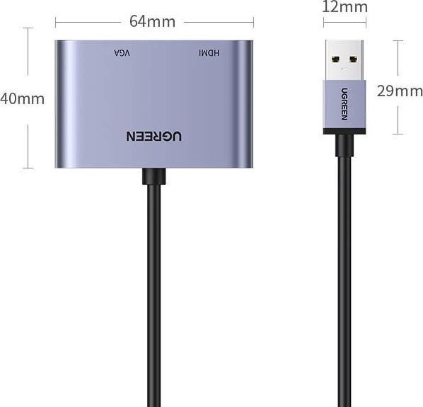 Actual product image Ugreen adapter converter USB - HDMI 1.3 (1920 x 1080@60Hz) + VGA 1.2 (1920 x 1080@60Hz) grey (CM449) (USB 3.0, 1.70 cm)