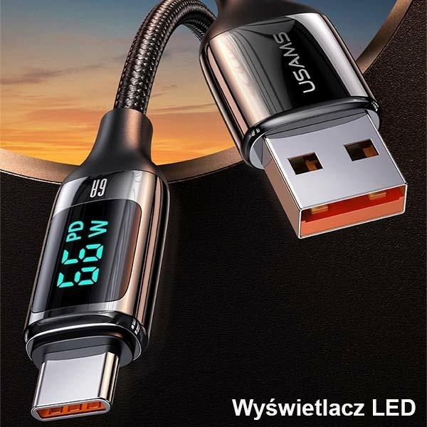 Actual product image Usams Cable pleciony U78 USB-C 1.2m LED 6A Fast Charging czarny/black SJ544USB01 (US-SJ544) (1.20 m)