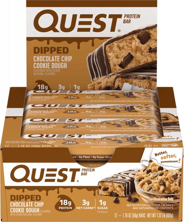 Produktbild Quest Nutrition Quest Bars Dipped, 12 x 50g Riegel, Chocolate Chip Cookie Dough (Chocolate Chip Cookie Dough, 1 Stk., 600 g)