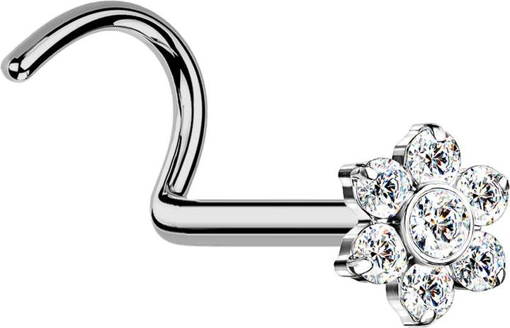 Hollywood Body Jewelry Threadless Nasenstecker gebogen silber Blume Kristalle silber (ohne Messing, Titan G23)