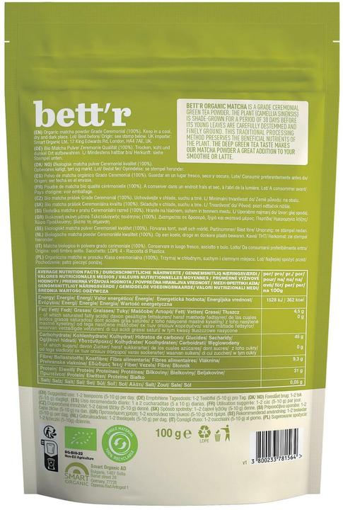 Nutritional values and ingredients Bett'r Poudre de Matcha (100 g)