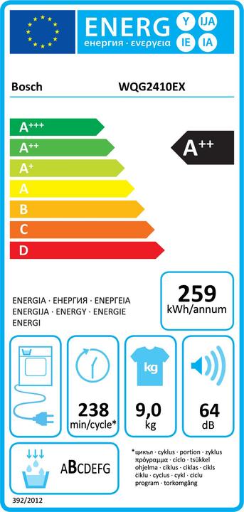 Energie-Label Bosch Hausgeräte WQG2410EX Wäschetrockner (Frontlader, freistehend, Wärmepumpe, Kondensation, A++, 9 kg, Serie (9 kg, Rechts)