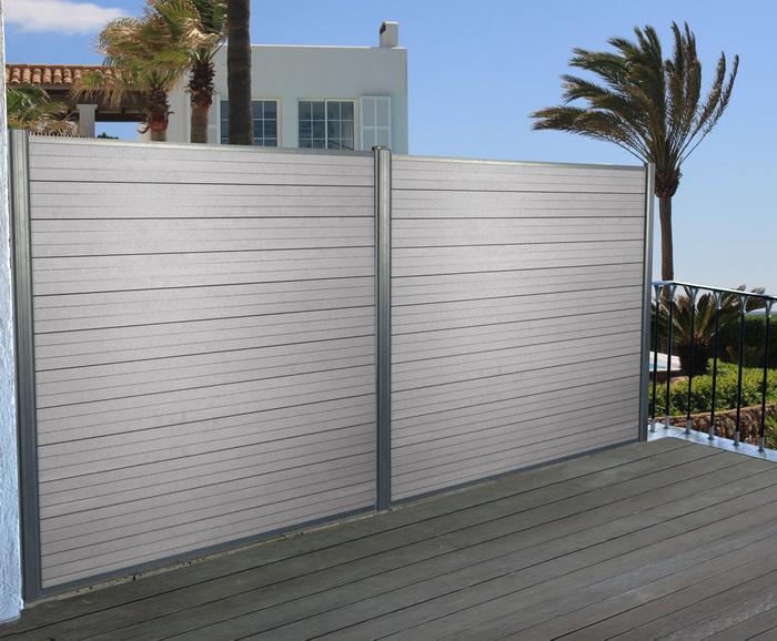 Produktbild Swisshandel24 WPC-Sichtschutz Sarthe, Windschutz Zaun, Alu-Pfosten 2er Set, 3,75m grau (7.50 cm)