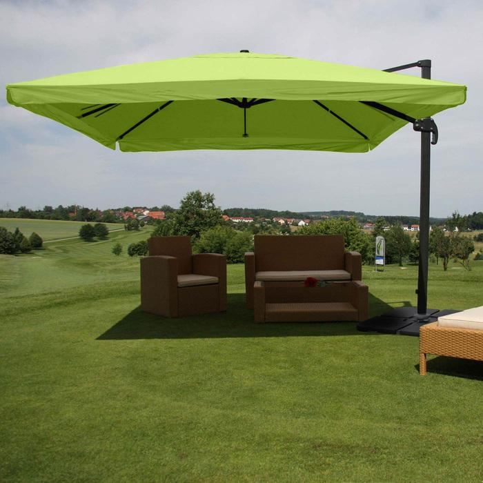 Produktbild Swisshandel24 Gastronomie-Ampelschirm, Sonnenschirm, 3x3m (Ø4,24m) Polyester/Alu 23kg - Flap, grün mit Ständer, dr (0.76 m)