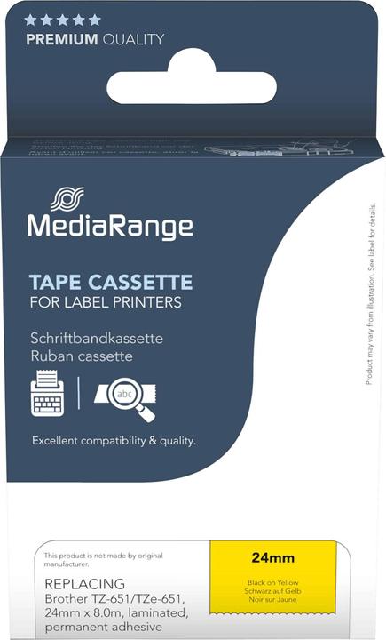 Produktbild MediaRange Schriftbandkassette schwarz auf gelb 8m x 24mm (2.40 cm, Gelb)