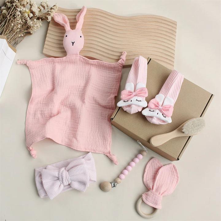 Activity Board Baby Cotton Comforter Blanket Bib Socks Headband 6Pcs Set Gifts Box Wooden Rattle