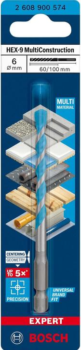 Immagine prodotto Bosch Professional Zubehör Trapano Expert HEX-9 MultiConstruction, 6 x 60 x 100 mm (6 millimetri)
