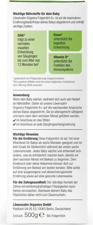 Nährwerte und Zutaten Löwenzahn Organics Bio Folgemilch 6+ (500 g, ab 6 Monaten)