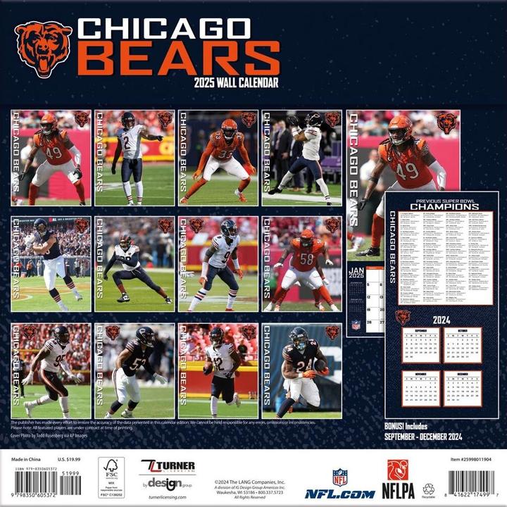 Immagine prodotto NFL - Chicago Bears - Calendario da parete della squadra 2025 30,5 x 30,5 cm (30,5 x 30,5 cm, Francese, Italiano, Spagnolo, Tedesco, Inglese)