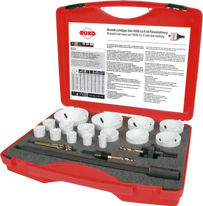 Immagine prodotto Ruko Set di seghe a tazza (16 mm, 19 mm, 21 mm, 24 mm, 25 mm, 29 mm, 32 mm, 37 mm, 40 mm, 48 mm, 51 mm, 54 mm, 60 mm, 73 mm, 83 mm)