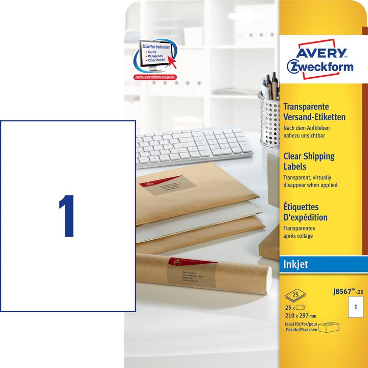 Actual product image Avery Universal labels J8567-25 Transparent 210 mm x 297 mm