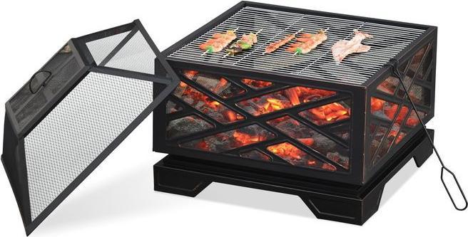 Produktbild Swisshandel24 Feuerschale mit Funkenschutz, Feuerkorb mit Grillrost & Schürhaken, 2-in-1 BBQ Grill, Metall, Schwar (66 cm)