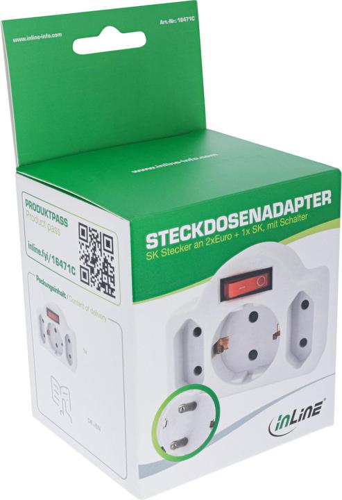 Produktbild InLine Steckdosenadapter mit Schalter, Schutzkontakt Stecker an 2x Eurobuchse + 1x Schutzkontaktbuc (CEE 7/3, 3 x)