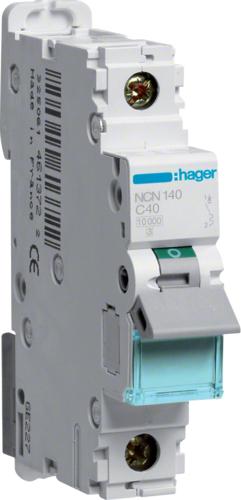 Image du produit Hager NCN140. Courant nominal : 40 A. Type : Type C, Quantité de modules (max) : 1 module(s). Largeur :