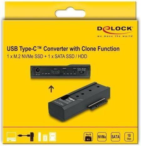 Actual product image Delock USB Type-C converter for 1 x M.2 NVMe SSD + 1 x SATA SSD / HDD with clone function