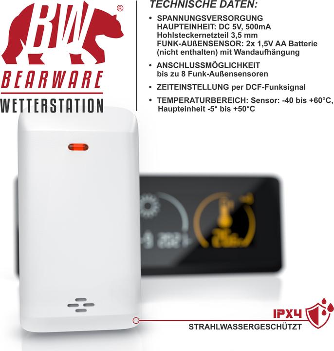 Actual product image Bearware Radio weather station with colour display and outdoor sensor - DCF radio clock - indoor and outdoor
