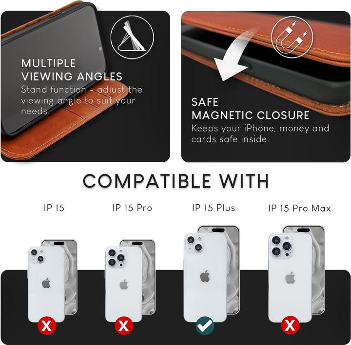 Produktbild Nalia Echt Leder Flip Case Hülle mit Magnetverschluss (Apple iPhone 15 Plus)