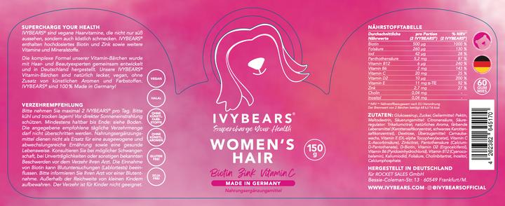 Valeurs nutritives et ingrédients IVYBears Des vitamines pour les cheveux des femmes (3 pièce(s), Gummies, 150 g)