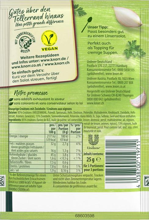 Nutritional values and ingredients Knorr Salad Coronation Croûtinos with onions bag, crunchy bread pieces croutons, ideal for salad (25 g)