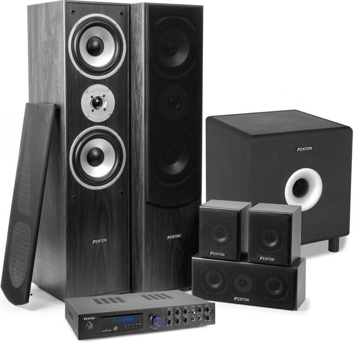 Produktbild Fenton set home cinema - AV550BT 5.1 versterker met zwarte speakers en actieve subwoofer