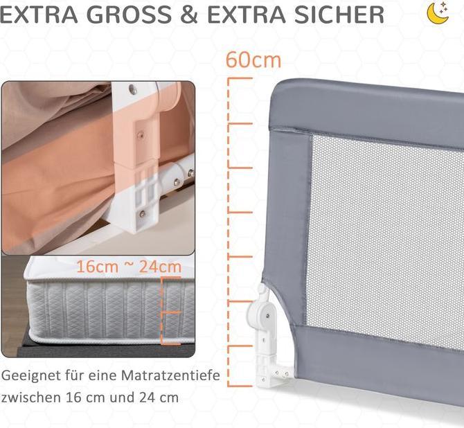 Produktbild Swisshandel24 Kinderbettgitter 120 cm mit Schutzanker Rausfallschutz Abnehmbar Metall Oxfordstoff Grau (120 cm)