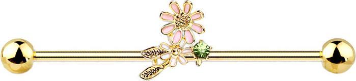 Produktbild Star Piercing Barbell 14k vergoldet mit Blüten und Blätter (Chirurgenstahl 316L, Messing)