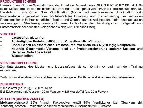 Nährwerte und Zutaten Sponser Pro Whey Isolate CFM (Mango, 1 Stk., 1500 g)