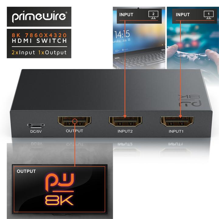 Produktbild Primewire 2-Port HDMI 2.1 Switch, 8K Umschalter, 2 in 1 Out UHD, Splitter mit Fernbedienung, UHD 8k 4k 60 Hz