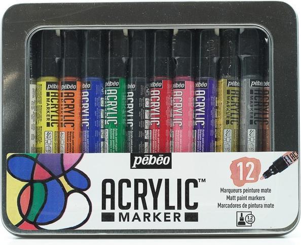 Actual product image Pebeo Metal Box Acrylic Marker - 12 Markers 1,2 Mm (Orange, Rose, Violet, White, Yellow, Cyan, Green, Black, Red, 1.20 mm, 12 x)