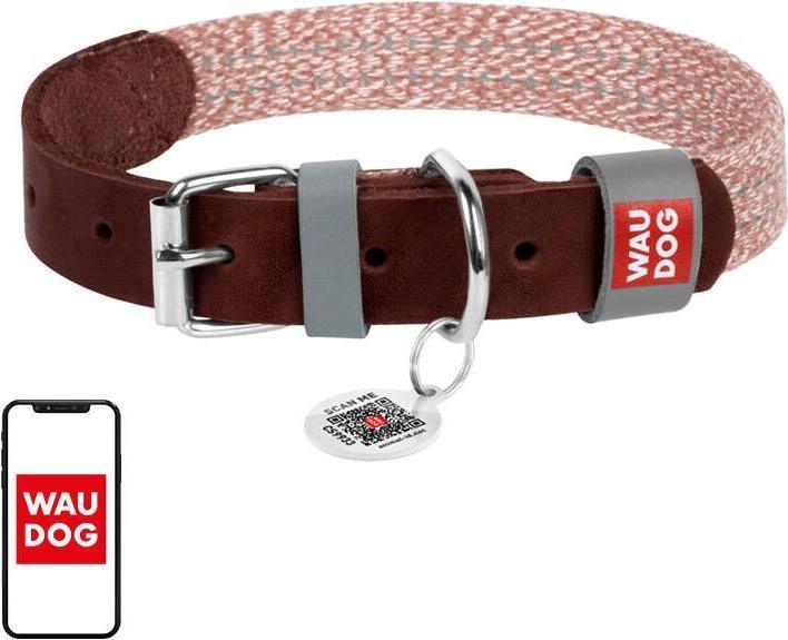 Waudog Dog collar made of natural leather and recycled material with QR code size S, width 15 mm, br (S, Dog, General)