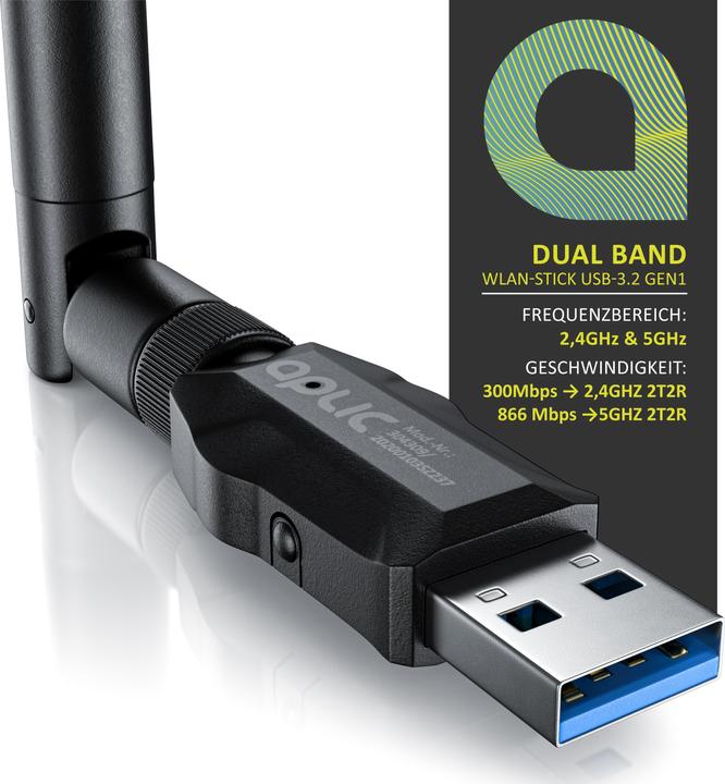Image du produit Aplic Clé WLAN, adaptateur WIFI 1200MBit/s, 2,4Ghz + 5Ghz Dual Band, antenne externe 5 dBi, dongle USB 3.2 (USB-C 3.2 Gen 1)