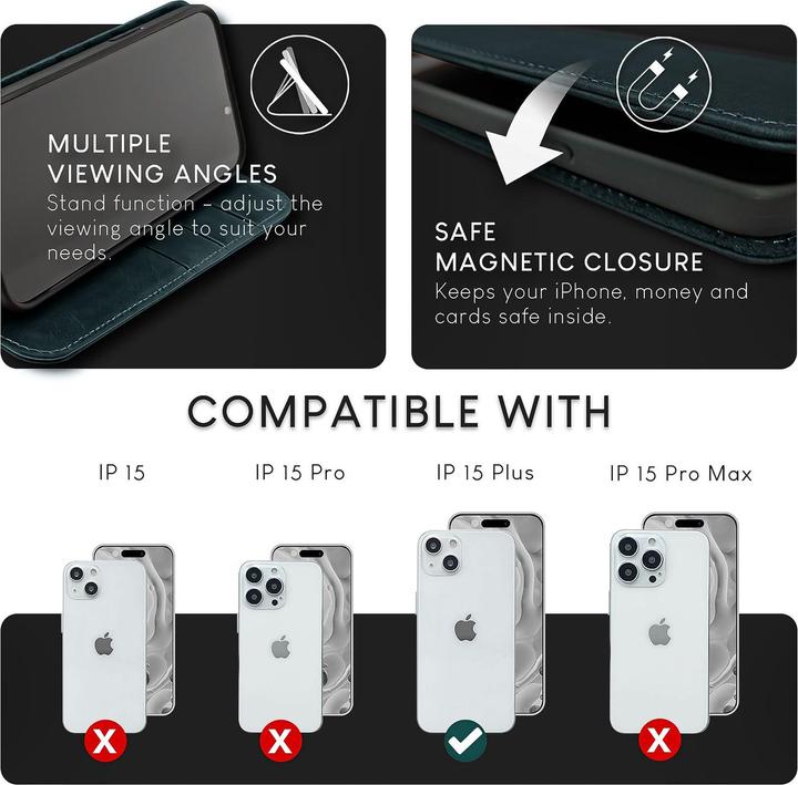 Produktbild Nalia Echt Leder Flip Case Hülle mit Magnetverschluss (Apple iPhone 15 Plus)