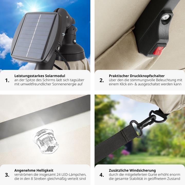 Immagine prodotto tectake Ombrellone Sunna LED-Solar con manovella 2,5 x 2,5 m (2.50 m)