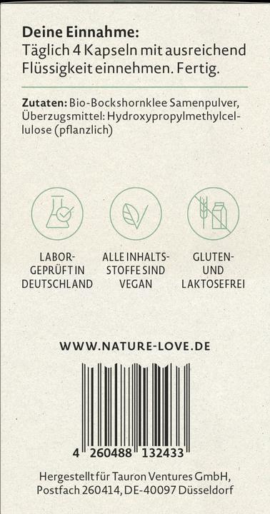 Valeurs nutritives et ingrédients Nature Love Fenugrec bio (120 pièce(s), Capsules, 92 g)