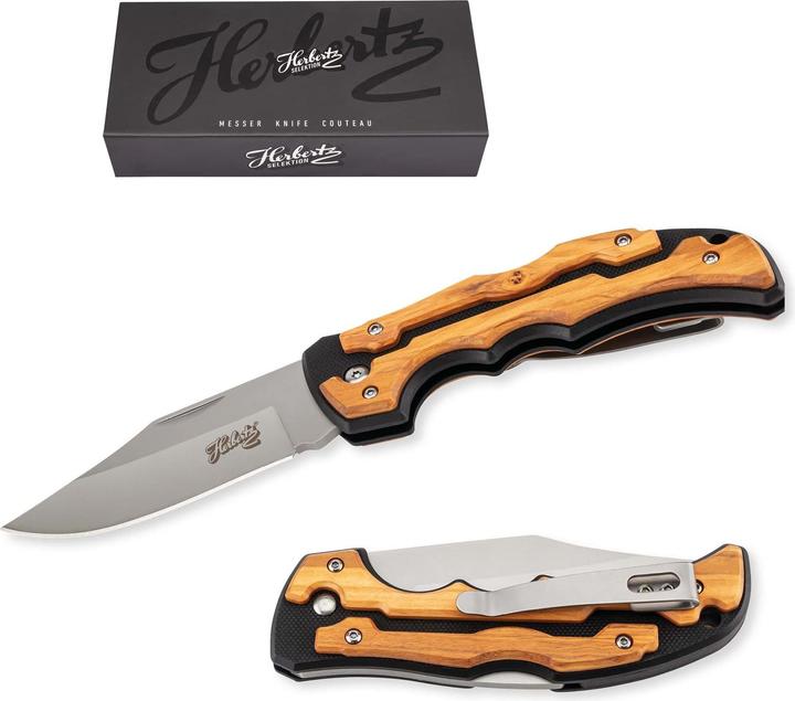 Actual product image Herbertz Selection pocket knife, AISI 440 steel, stainless, G10 and olive wood, back lock, pocket c (8.70 cm)