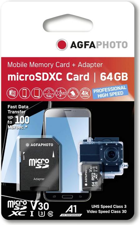 Immagine prodotto AGFAPHOTO MicroSDXC UHS I 64GB Prof. Alta velocità U3 V30 A1 (64 GB, microSDXC, U3, UHS-I)