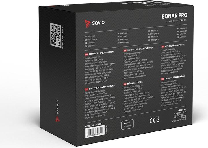 Actual product image Savio gaming microphone on a tripod, illuminated by 01 sonar, in-ear, anti-flow bag