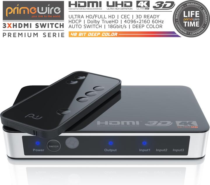 Produktbild Primewire HDMI Switch 4k Ultra HD, 3 Port, Verteiler mit Fernbedienung, 4K, 3D, CEC, ARC