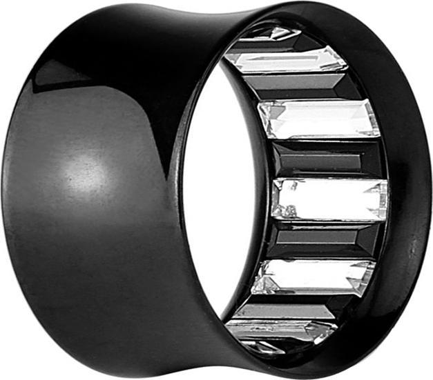 Star Piercing Flared Tunnel schwarz mit Kristallen innen silber und schwarz (ohne Messing, Chirurgenstahl 316L)