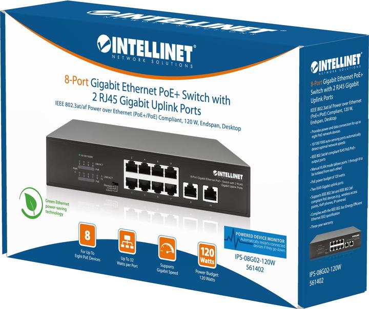 Immagine prodotto Intellinet Switch PoE+ Gigabit Ethernet a 8 porte con 2 porte di collegamento Gigabit RJ45 (10 Porti)